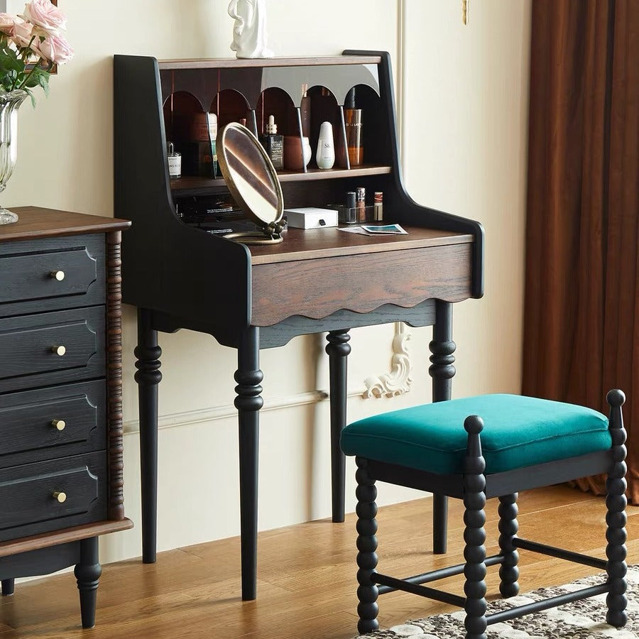 Contemporary Retro Solid Wood Rectangular Roman Column Arched Makeup Vanity & Stool Set For Bedroom
