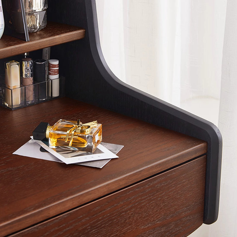 Contemporary Retro Solid Wood Rectangular Roman Column Arched Makeup Vanity & Stool Set For Bedroom