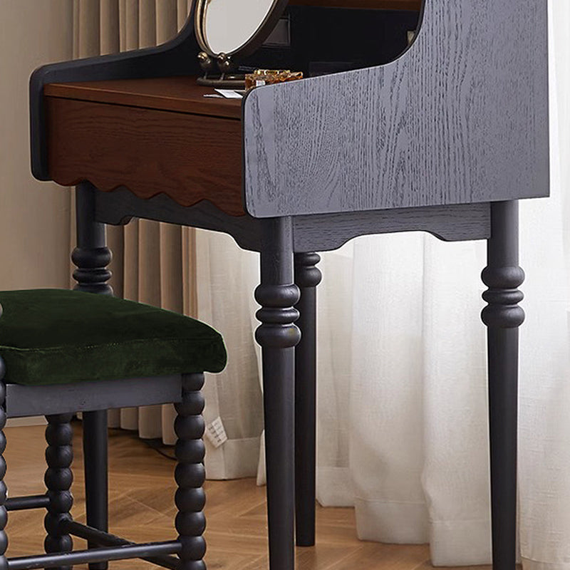 Contemporary Retro Solid Wood Rectangular Roman Column Arched Makeup Vanity & Stool Set For Bedroom