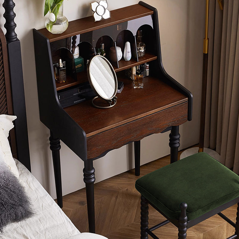 Contemporary Retro Solid Wood Rectangular Roman Column Arched Makeup Vanity & Stool Set For Bedroom
