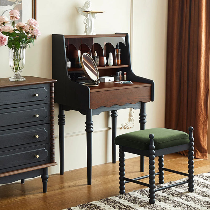Contemporary Retro Solid Wood Rectangular Roman Column Arched Makeup Vanity & Stool Set For Bedroom