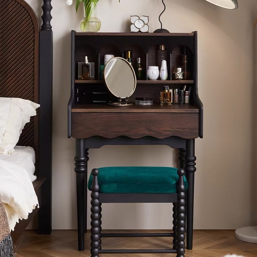 Contemporary Retro Solid Wood Rectangular Roman Column Arched Makeup Vanity & Stool Set For Bedroom