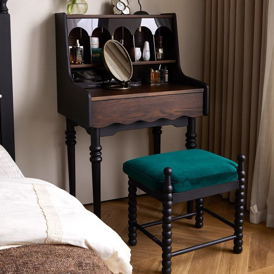 Contemporary Retro Solid Wood Rectangular Roman Column Arched Makeup Vanity & Stool Set For Bedroom