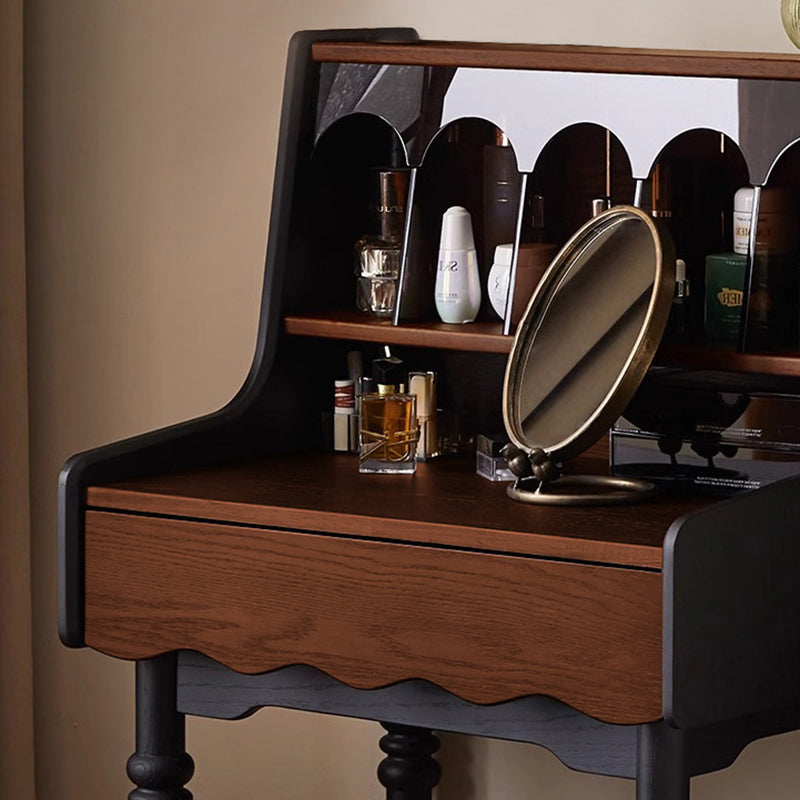 Contemporary Retro Solid Wood Rectangular Roman Column Arched Makeup Vanity & Stool Set For Bedroom