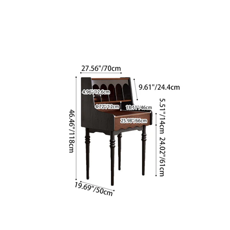 Contemporary Retro Solid Wood Rectangular Roman Column Arched Makeup Vanity & Stool Set For Bedroom