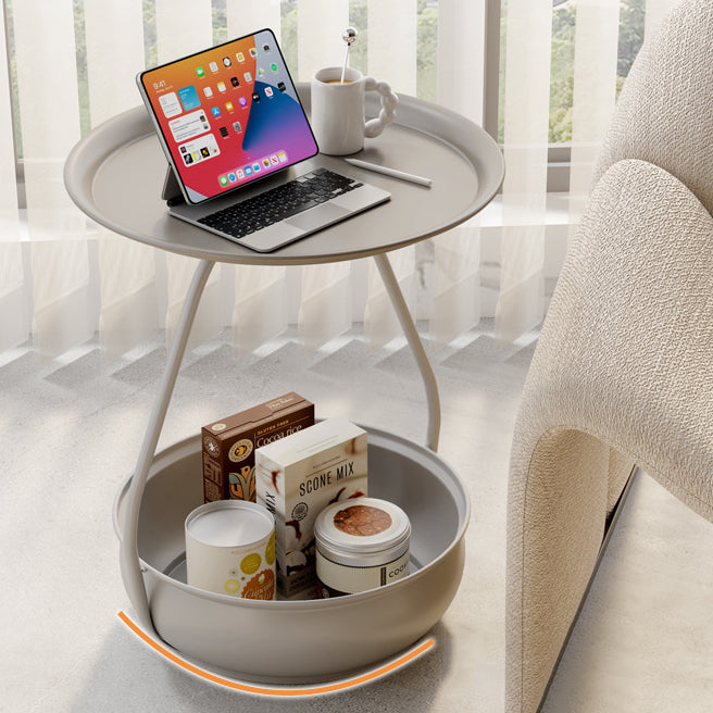 Contemporary Nordic Iron And Carbon Steel Round Side Table With 2-Tier Storage For Living Room And Bedroom
