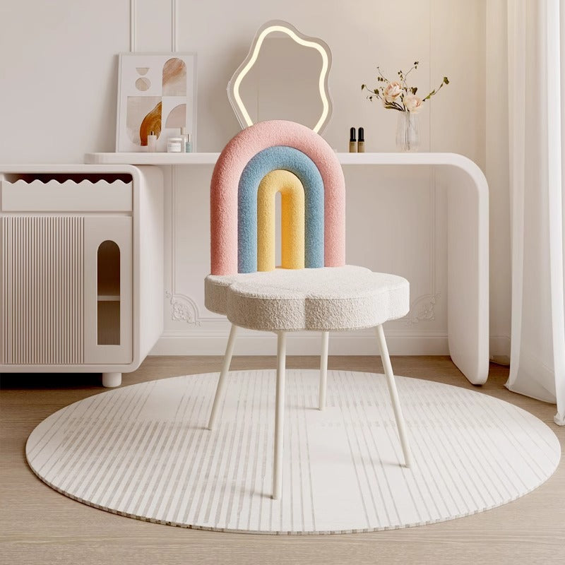 Contemporary Creative Rainbow Lambswool Iron Vanity Stool Backrest Armless For Bedroom