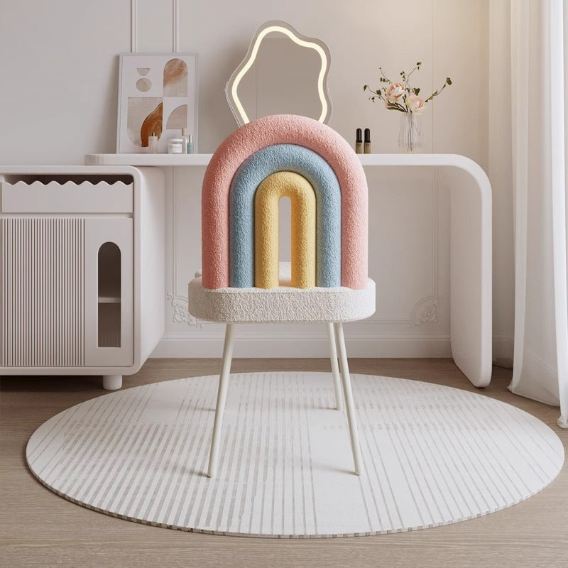 Contemporary Creative Rainbow Lambswool Iron Vanity Stool Backrest Armless For Bedroom