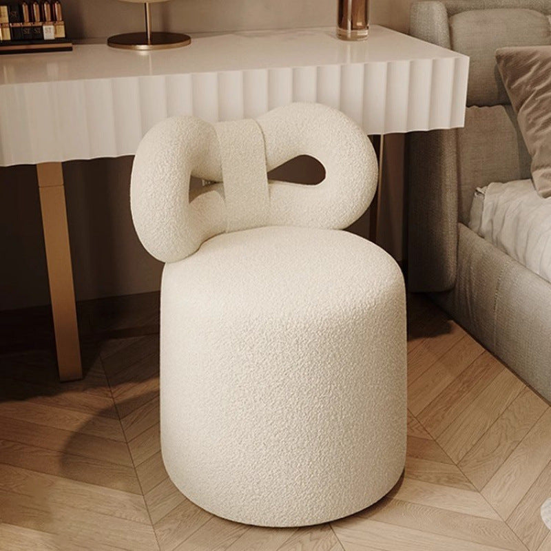 Contemporary Nordic Cream Bow Cylinder Lambswool Solid Wood Vanity Stool Backrest Armless For Bedroom