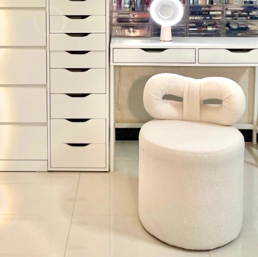 Contemporary Nordic Cream Bow Cylinder Lambswool Solid Wood Vanity Stool Backrest Armless For Bedroom