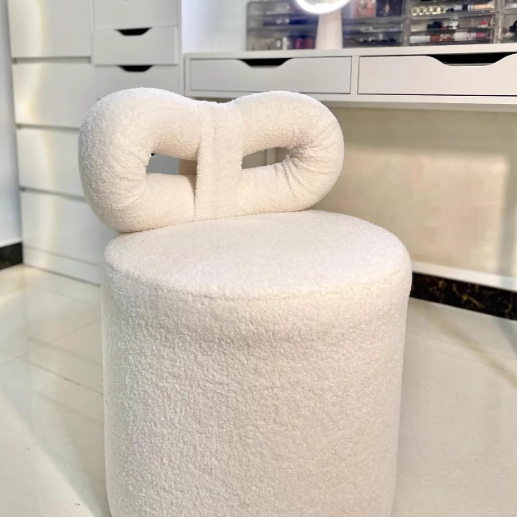 Contemporary Nordic Cream Bow Cylinder Lambswool Solid Wood Vanity Stool Backrest Armless For Bedroom