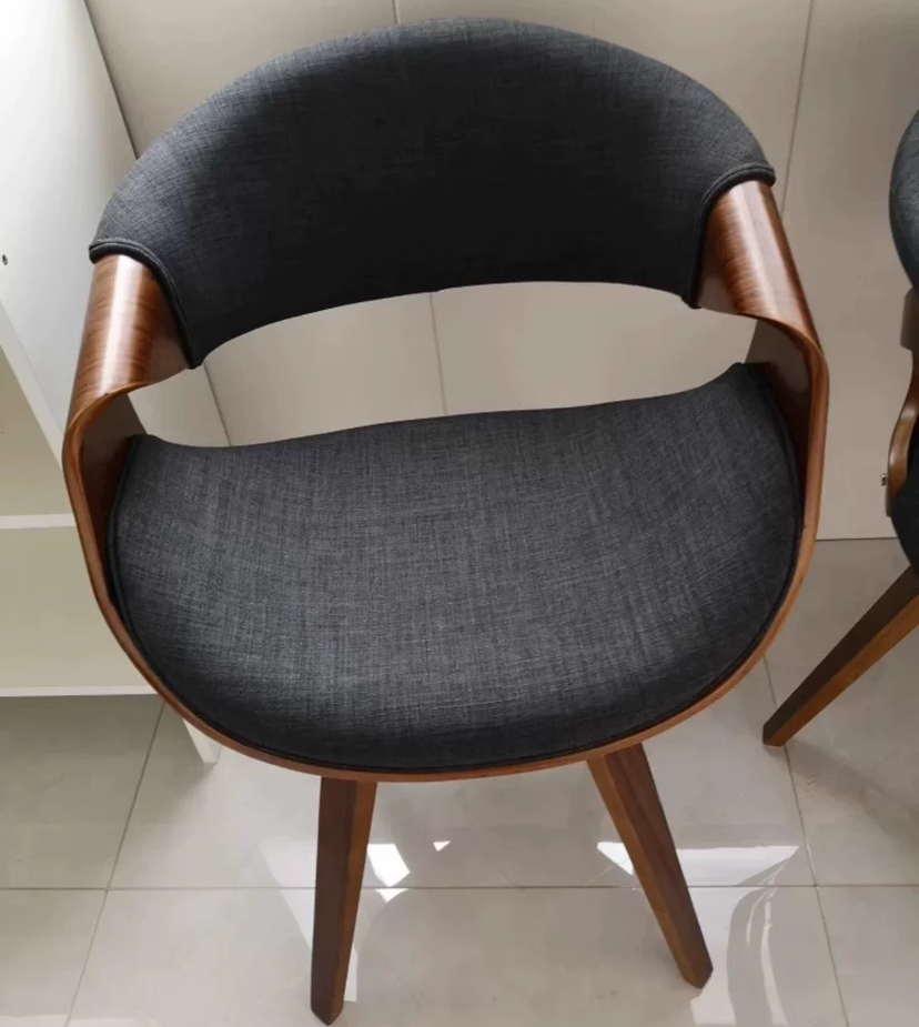 Contemporary Nordic Curved Bent Wood Cotton Linen Leather Dining Chair Backrest Armrest For Dining Room