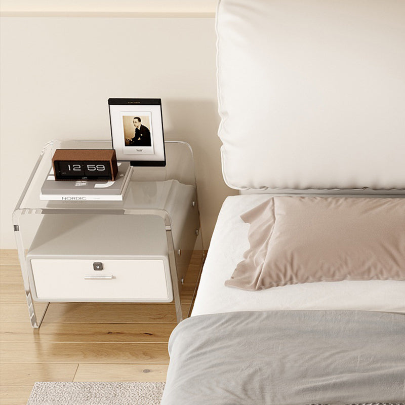 Contemporary Nordic Square Cube Acrylic Leather Solid Wood Nightstand 1 - Drawer For Bedroom