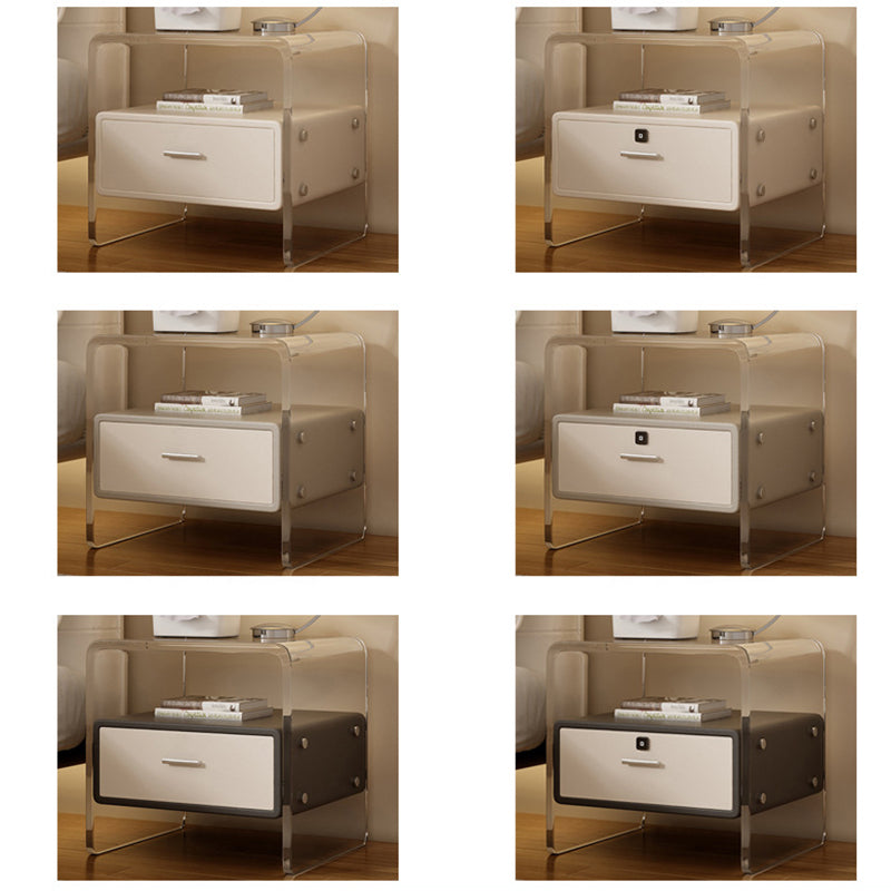 Contemporary Nordic Square Cube Acrylic Leather Solid Wood Nightstand 1 - Drawer For Bedroom