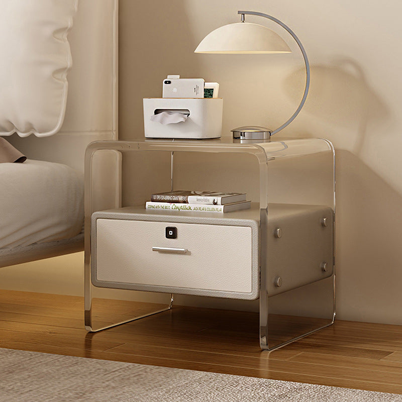 Contemporary Nordic Square Cube Acrylic Leather Solid Wood Nightstand 1 - Drawer For Bedroom