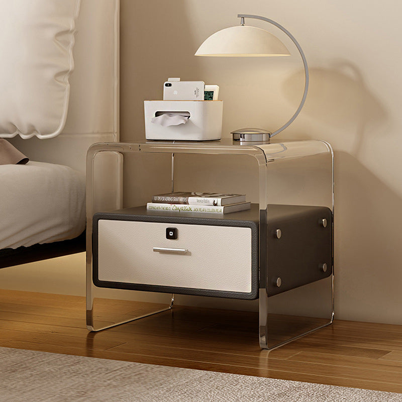 Contemporary Nordic Square Cube Acrylic Leather Solid Wood Nightstand 1 - Drawer For Bedroom