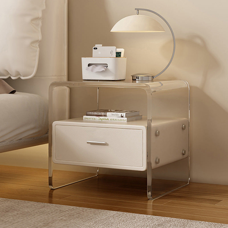 Contemporary Nordic Square Cube Acrylic Leather Solid Wood Nightstand 1 - Drawer For Bedroom