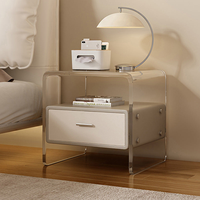 Contemporary Nordic Square Cube Acrylic Leather Solid Wood Nightstand 1 - Drawer For Bedroom