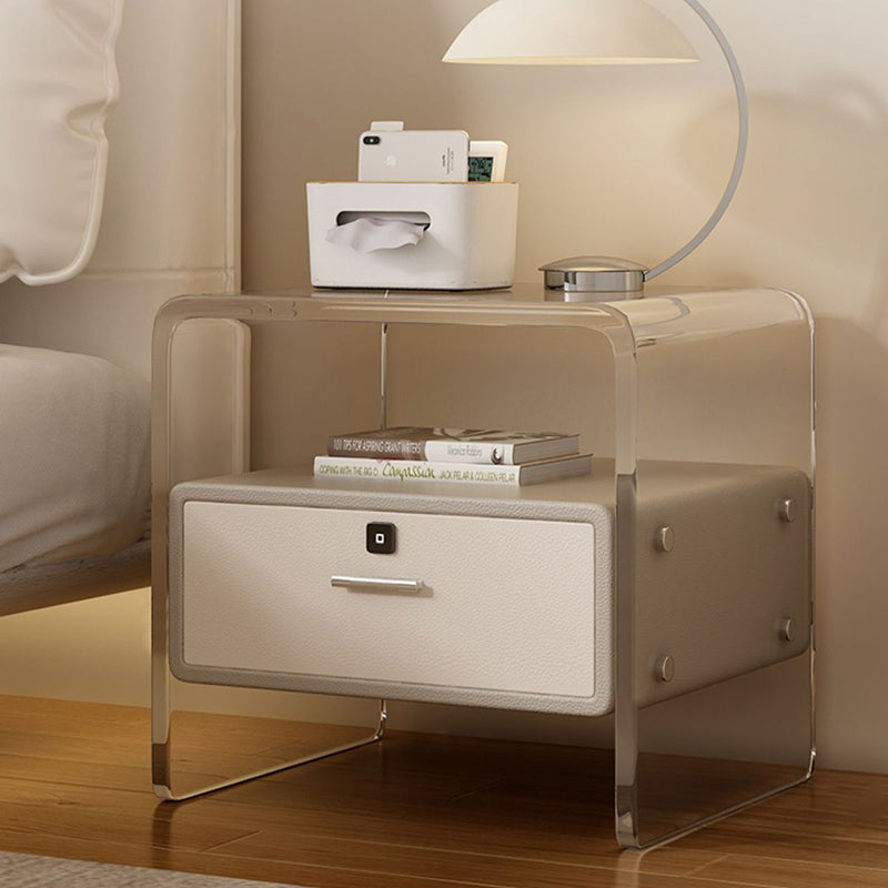 Contemporary Nordic Square Cube Acrylic Leather Solid Wood Nightstand 1 - Drawer For Bedroom