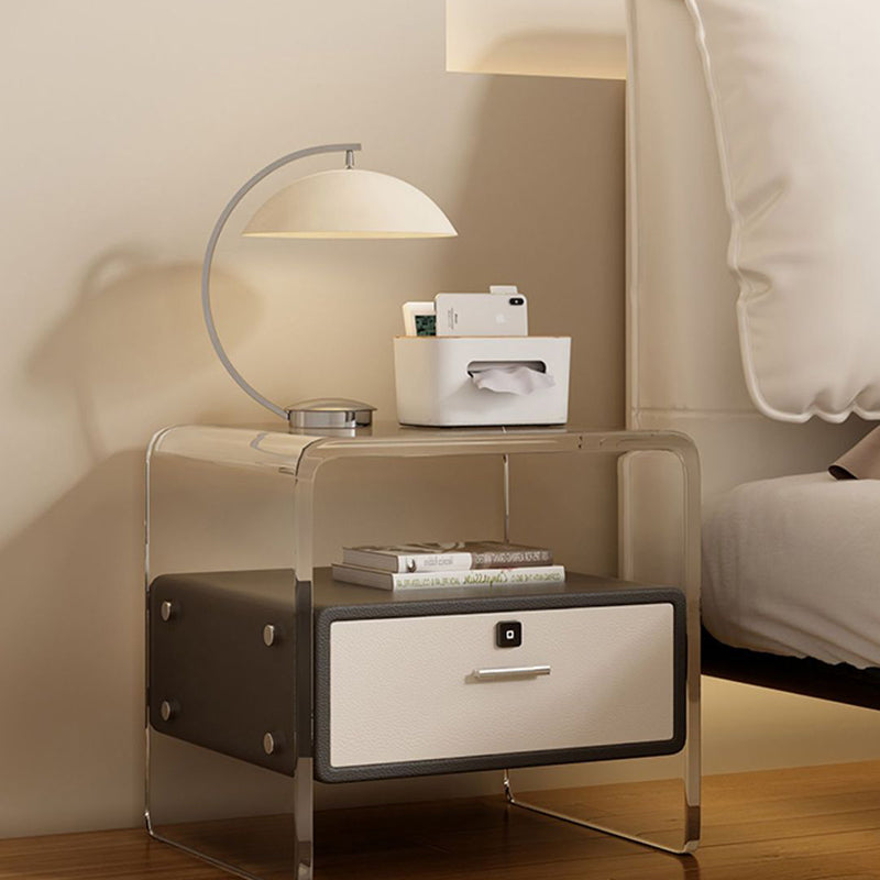 Contemporary Nordic Square Cube Acrylic Leather Solid Wood Nightstand 1 - Drawer For Bedroom