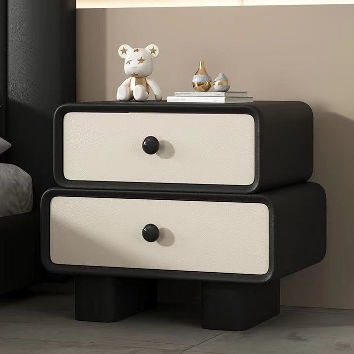 Contemporary Scandinavian Rectangle Cube Solid Wood Leather Nightstand 2 - Drawer For Bedroom