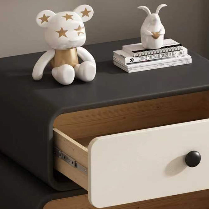 Contemporary Scandinavian Rectangle Cube Solid Wood Leather Nightstand 2 - Drawer For Bedroom