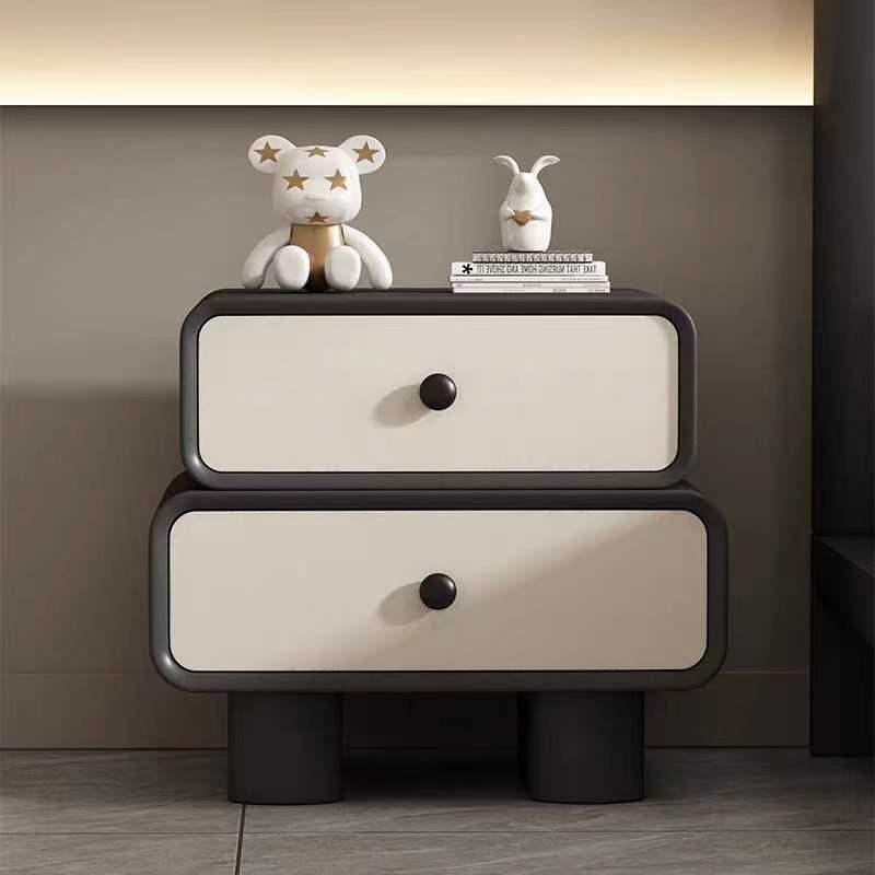 Contemporary Scandinavian Rectangle Cube Solid Wood Leather Nightstand 2 - Drawer For Bedroom
