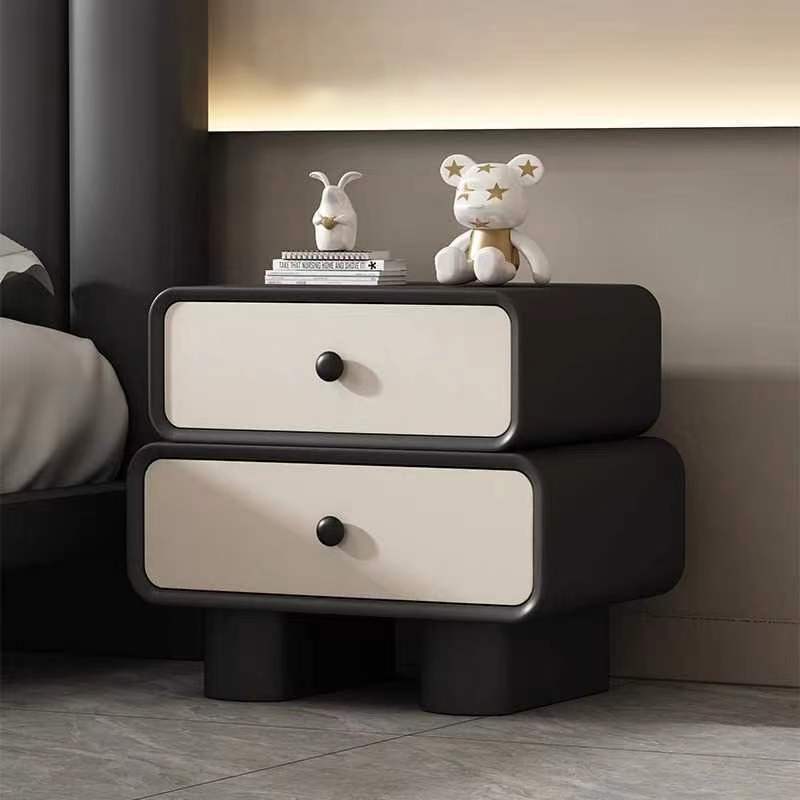 Contemporary Scandinavian Rectangle Cube Solid Wood Leather Nightstand 2 - Drawer For Bedroom
