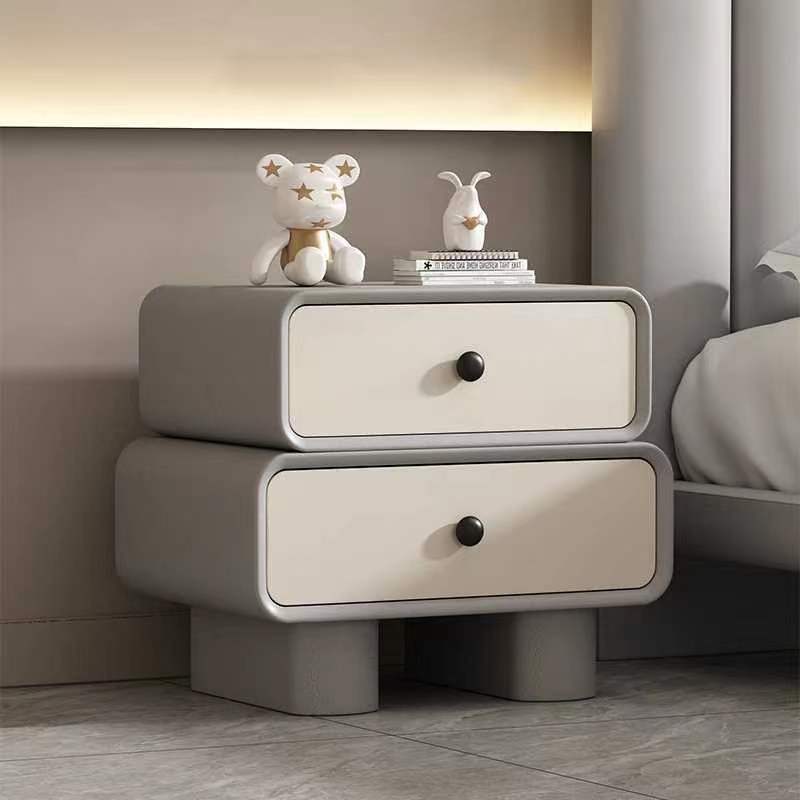 Contemporary Scandinavian Rectangle Cube Solid Wood Leather Nightstand 2 - Drawer For Bedroom