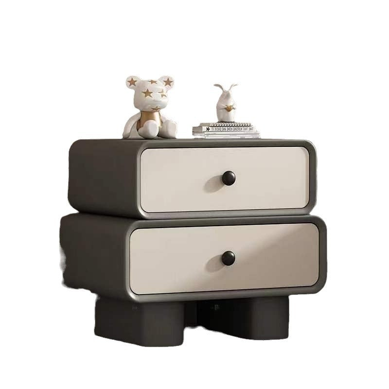Contemporary Scandinavian Rectangle Cube Solid Wood Leather Nightstand 2 - Drawer For Bedroom