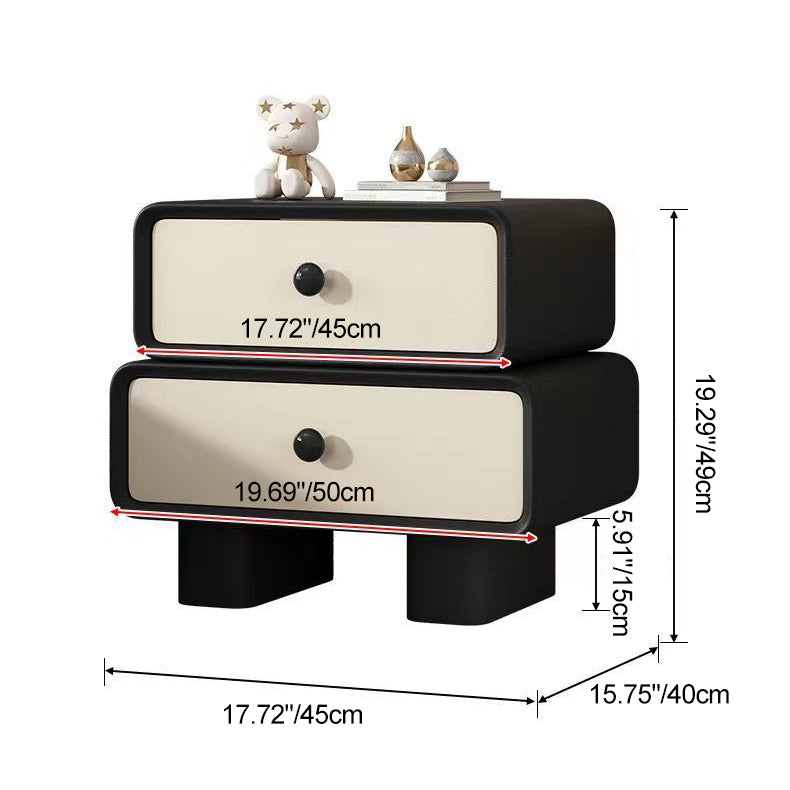 Contemporary Scandinavian Rectangle Cube Solid Wood Leather Nightstand 2 - Drawer For Bedroom