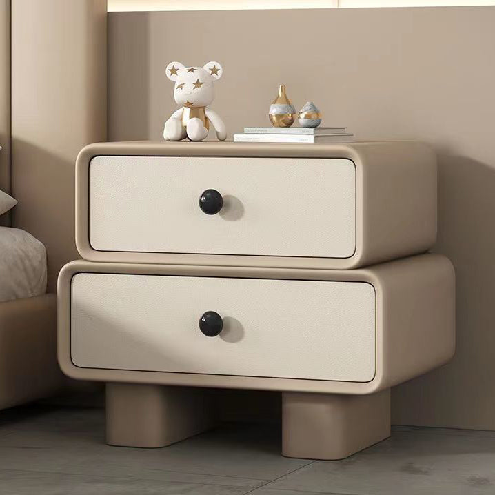 Contemporary Scandinavian Rectangle Cube Solid Wood Leather Nightstand 2 - Drawer For Bedroom