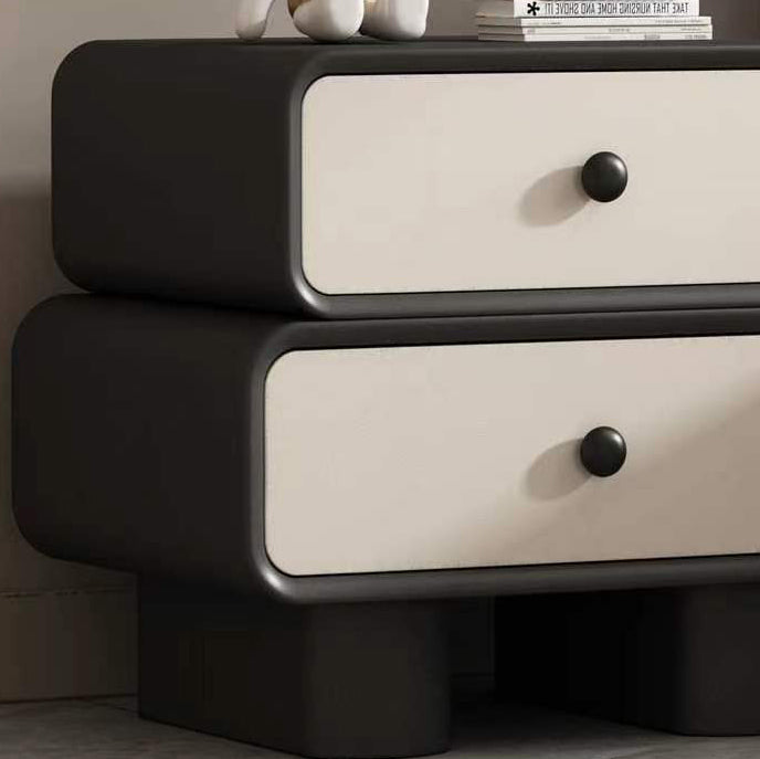 Contemporary Scandinavian Rectangle Cube Solid Wood Leather Nightstand 2 - Drawer For Bedroom