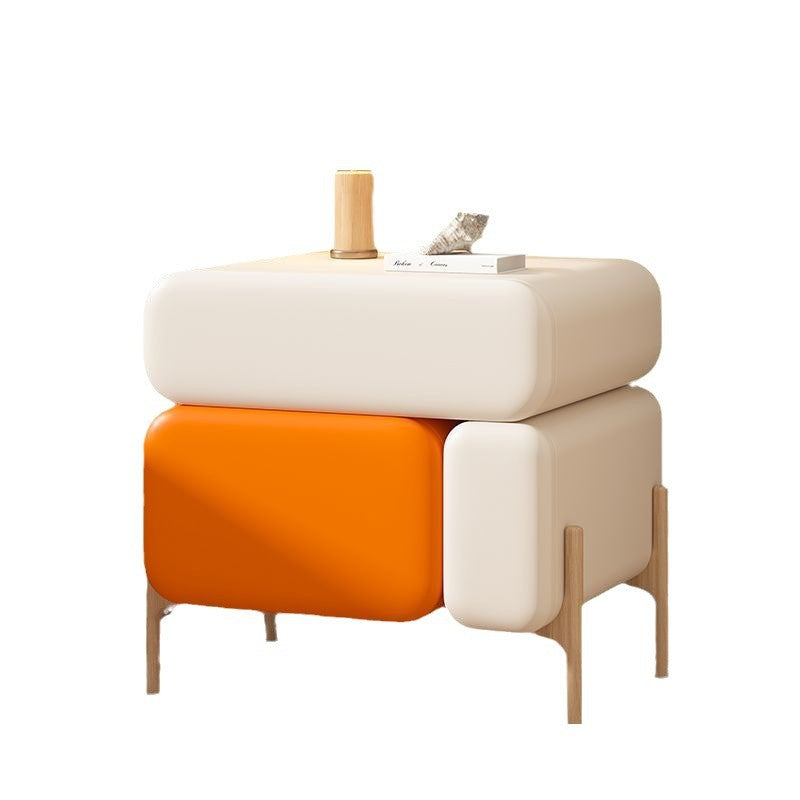 Contemporary Nordic Splicing Color Rectangle Cube Solid Wood Microfiber Leather Nightstand 3 - Drawer For Bedroom