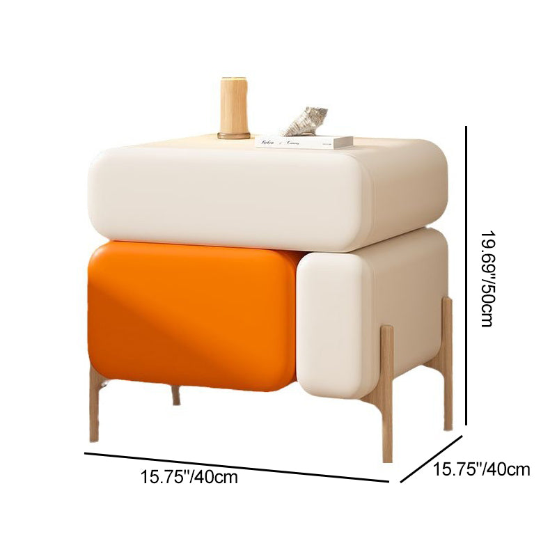Contemporary Nordic Splicing Color Rectangle Cube Solid Wood Microfiber Leather Nightstand 3 - Drawer For Bedroom