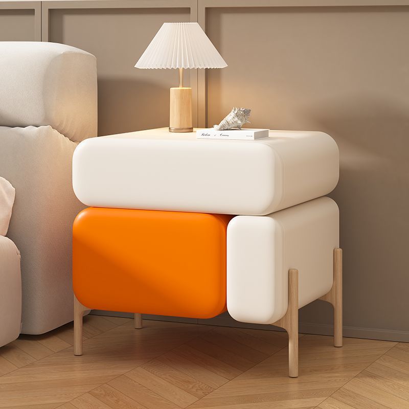 Contemporary Nordic Splicing Color Rectangle Cube Solid Wood Microfiber Leather Nightstand 3 - Drawer For Bedroom
