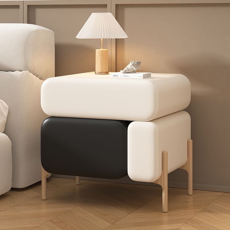 Contemporary Nordic Splicing Color Rectangle Cube Solid Wood Microfiber Leather Nightstand 3 - Drawer For Bedroom