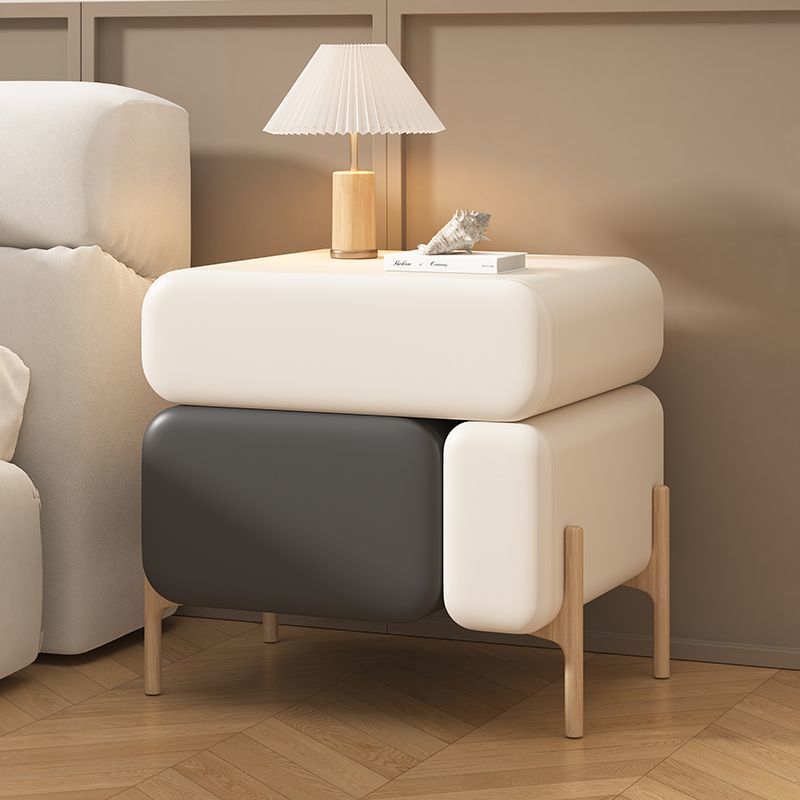 Contemporary Nordic Splicing Color Rectangle Cube Solid Wood Microfiber Leather Nightstand 3 - Drawer For Bedroom