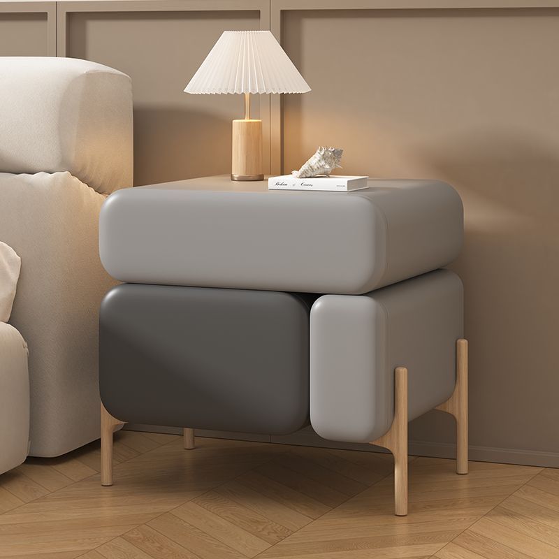 Contemporary Nordic Splicing Color Rectangle Cube Solid Wood Microfiber Leather Nightstand 3 - Drawer For Bedroom