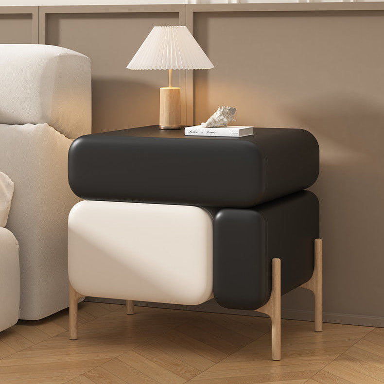 Contemporary Nordic Splicing Color Rectangle Cube Solid Wood Microfiber Leather Nightstand 3 - Drawer For Bedroom