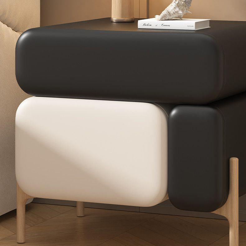 Contemporary Nordic Splicing Color Rectangle Cube Solid Wood Microfiber Leather Nightstand 3 - Drawer For Bedroom