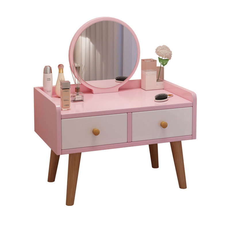 Modern Simplicity Rectangular Cube Round Mirror Density Board Hardware Makeup Vanity 2 - Drawer For Bedroom