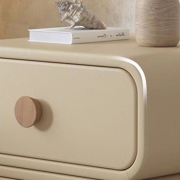 Contemporary Scandinavian Square Cube Solid Wood Leather Nightstand 2 - Drawer For Bedroom
