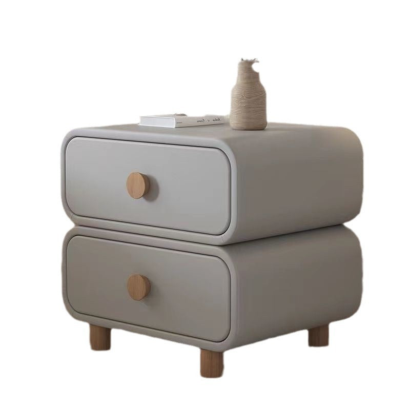 Contemporary Scandinavian Square Cube Solid Wood Leather Nightstand 2 - Drawer For Bedroom