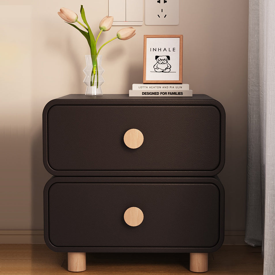 Contemporary Scandinavian Square Cube Solid Wood Leather Nightstand 2 - Drawer For Bedroom