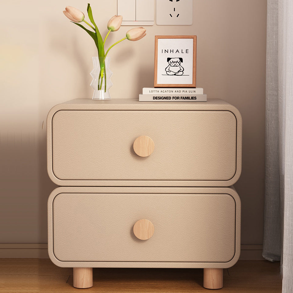 Contemporary Scandinavian Square Cube Solid Wood Leather Nightstand 2 - Drawer For Bedroom