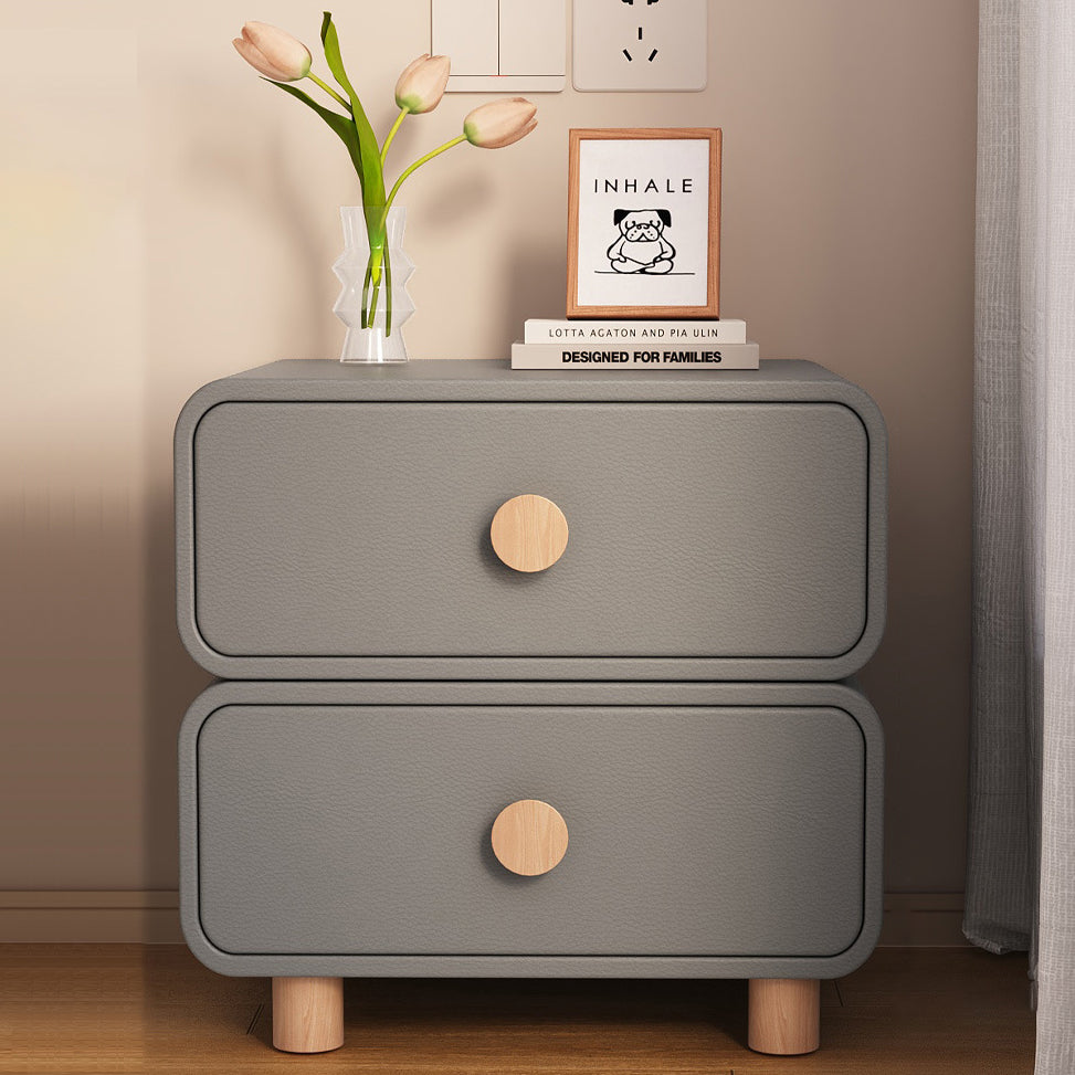 Contemporary Scandinavian Square Cube Solid Wood Leather Nightstand 2 - Drawer For Bedroom