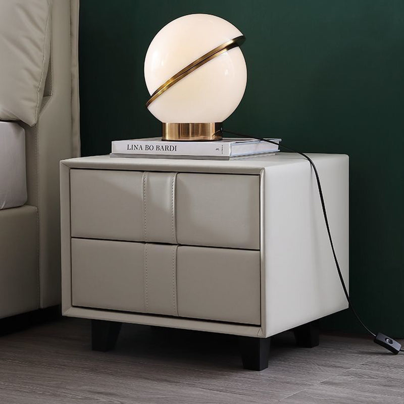 Contemporary Scandinavian Square Cube Solid Wood Leather Nightstand 2 - Drawer For Bedroom