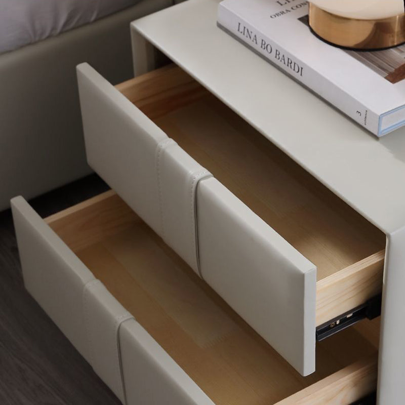 Contemporary Scandinavian Square Cube Solid Wood Leather Nightstand 2 - Drawer For Bedroom
