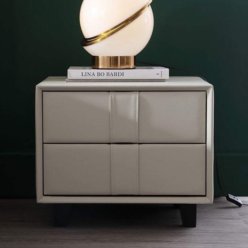 Contemporary Scandinavian Square Cube Solid Wood Leather Nightstand 2 - Drawer For Bedroom